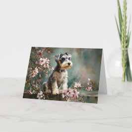 Schnauzer Puppy Tussen Lente Kersenbloesems Kaart