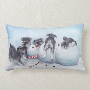 Schnauzer Pups Attack Snowman Dog Art Sierkussen Kussen