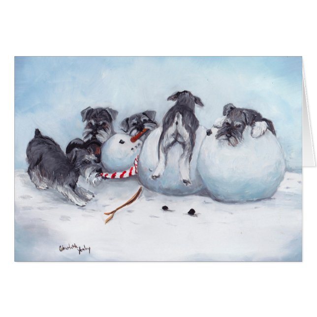 Schnauzer Pups met Snowman Dog Art Wenskaart (Voorkant Horizontaal)