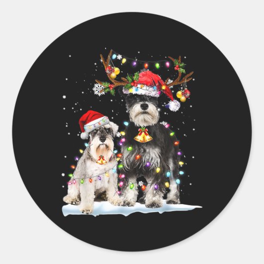 Schnauzer Reindeer Santa Hat Xmas licht Kerstmis Ronde Sticker (Voorkant)