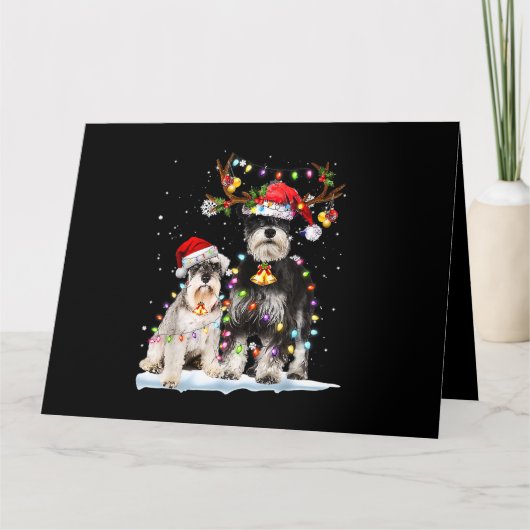 Schnauzer Rendier Kerstman Hoed Kerstlichtjes Kers Kaart (Voorkant)
