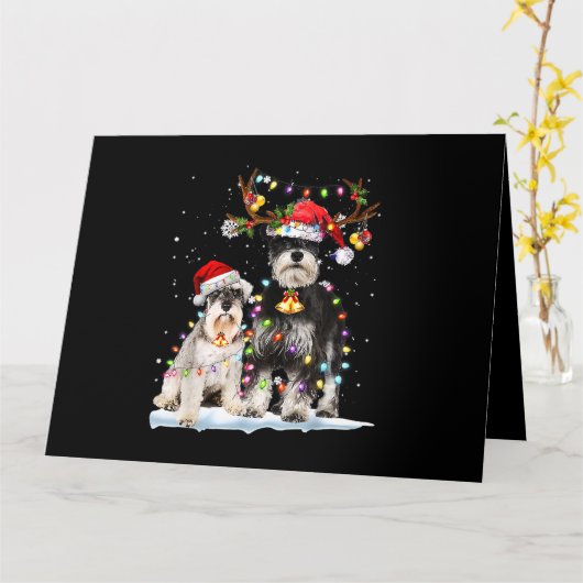 Schnauzer Rendier Kerstmuts Kerstlichtjes Kerstmis Kaart (Gele Bloem)