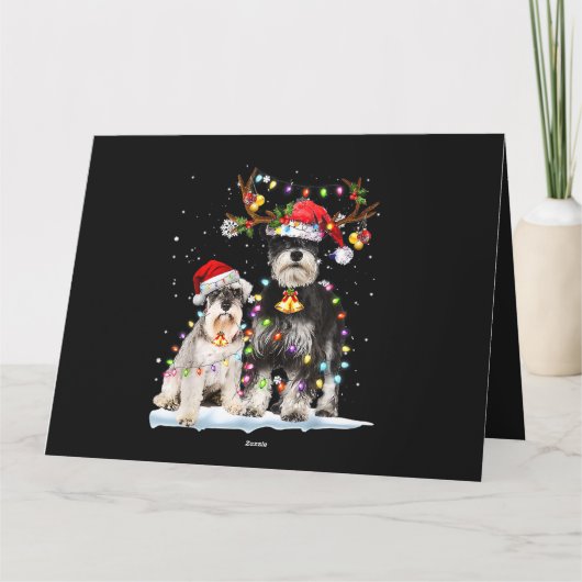 Schnauzer Rendier Sinterklaas Muts Kerstverlichtin Kaart (Achterkant)