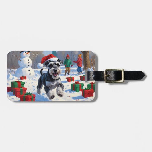 Schnauzer Rent in de Sneeuw met Kerstmuts Bagagelabel (Voorkant horizontaal)