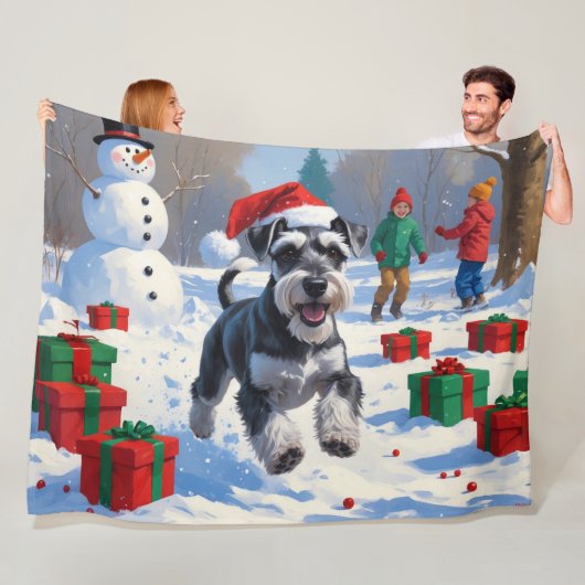 Schnauzer Rent in de Sneeuw met Kerstmuts Fleece Deken (In situ)
