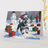 Schnauzer Rent in de Sneeuw met Kerstmuts Kaart (Gele Bloem)