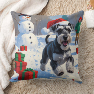 Schnauzer Rent in Sneeuw met Kerstmuts Kussen