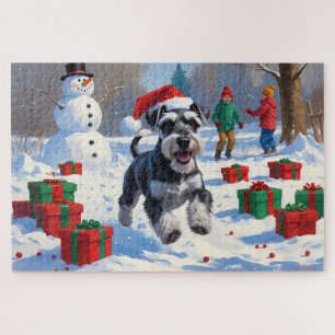 Schnauzer Rent in Sneeuw met Kerstmuts Legpuzzel