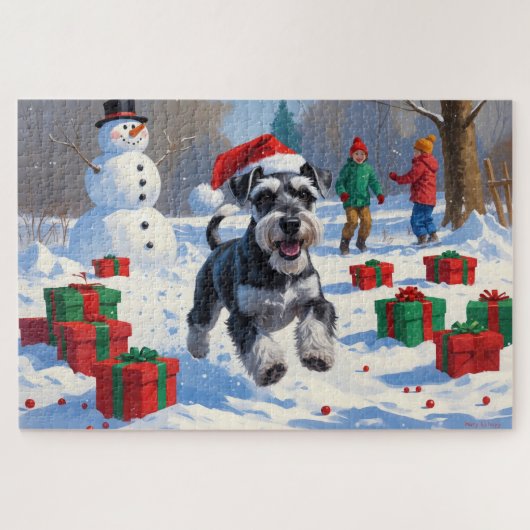 Schnauzer Rent in Sneeuw met Kerstmuts Legpuzzel (Horizontaal)