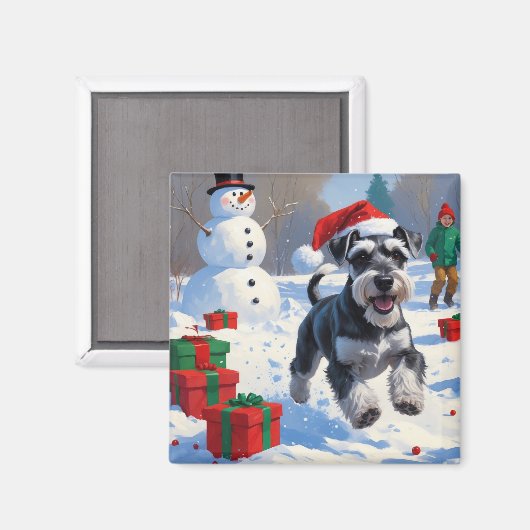 Schnauzer Rent in Sneeuw met Kerstmuts Magneet (Voorkant / Achterkant)