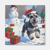 Schnauzer Rent in Sneeuw met Kerstmuts Magneet (Voorkant)