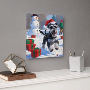 Schnauzer Rent in Sneeuw met Kerstmuts Vierkante Klok