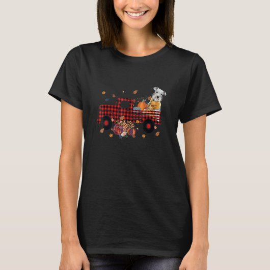 Schnauzer Riding Truck Pumpkin Autumn Leaves Fall T-shirt (Voorkant)