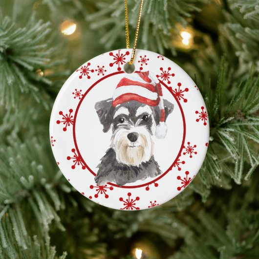 Schnauzer Santa Hat Red Snowflake Sjabloon Keramisch Ornament (Boom)