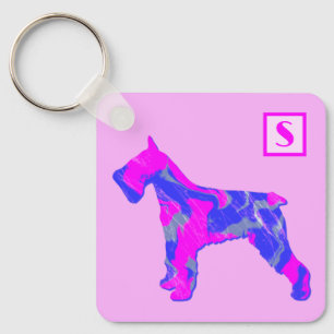 Schnauzer Schattig Hond Roze & Blauwe Silhouet Mon Sleutelhanger