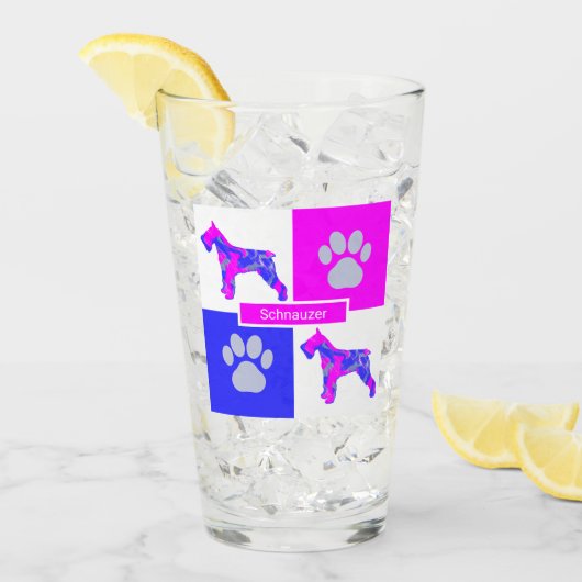 Schnauzer Silhouette Dog & Paw Pink Blue Square Glas (Voorkant ijs)
