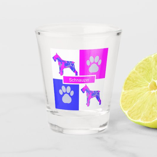 Schnauzer Silhouette Dog & Paw Pink Blue Square Shot Glas (Voorkant)