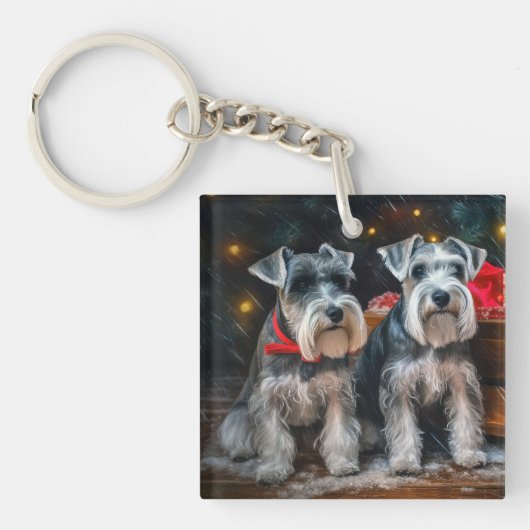 Schnauzer Sneeuw Slede Kerst Decoratie  Sleutelhanger (Voorkant)