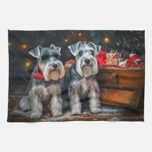 Schnauzer Snowy Sleigh Kerstdecoratie Theedoek (Horizontaal)