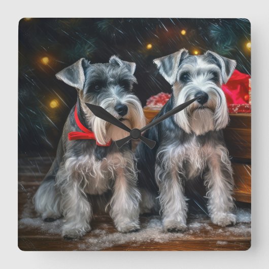 Schnauzer Snowy Sleigh Kerstdecoratie Vierkante Klok (Voorkant)