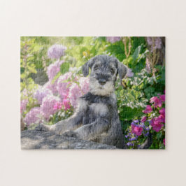 Schnauzer-standaardpuppy in een bloeiende tuin legpuzzel