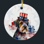 Schnauzer terrier Dog, 4th of july Personalized Keramisch Ornament<br><div class="desc">Celebrate your love for your furry friend and American pride with this personalized 4th of July dog ornament 🇺🇸🐾 The design features a watercolor dog wearing a stars-and-stripes hat on a soft red and blue stars background. Personalize the back with your dog’s name, a custom 4th of July greeting, and...</div>