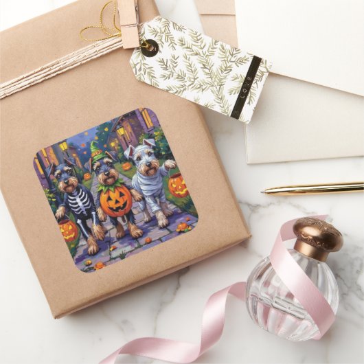 Schnauzer Trick-or-Treating in Halloween Costumes Vierkante Sticker (Geschenken)