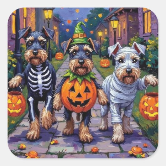 Schnauzer Trick-or-Treating in Halloween Costumes Vierkante Sticker (Voorkant)
