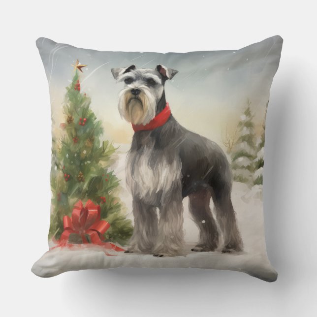 Schnauzerhond in Sneeuw Kerstmis Kussen (Voorkant)
