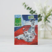 schnauzers op het bed briefkaart (Staand voorkant)
