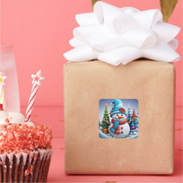 Schneemann in Winterlandschaft -  Vierkante Sticker