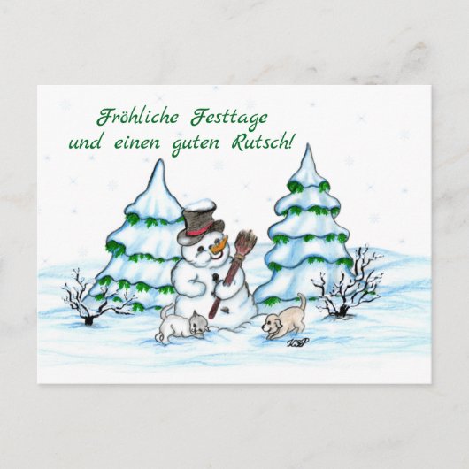 Schneemann mit Katze und Hundewelpe auf Deutsch Briefkaart (Voorkant)