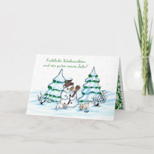 Schneemann mit Katze und Hundewelpe auf Deutsch Feestdagen Kaart