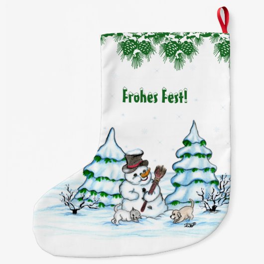 Schneemann mit Katze und Hundewelpe auf Deutsch Grote Kerstsok (Achterkant)