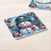 Schneemann mit Weihnachtsdeko -  Kartonnen Onderzetters (Schuin)
