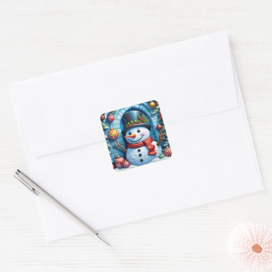 Schneemann mit Weihnachtsdeko -  Vierkante Sticker (Envelop)