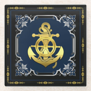 Schoel-/ankerschip blauw/goud/zilver glazen onderzetter