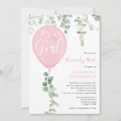 Schoel per post roze ballon eucalyptus baby shower kaart (Voorkant)