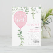 Schoel per post roze ballon eucalyptus baby shower kaart (Staand voorkant)