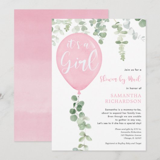 Schoel per post roze ballon eucalyptus baby shower kaart (Voorkant / Achterkant)