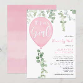 Schoel per post roze ballon eucalyptus baby shower kaart