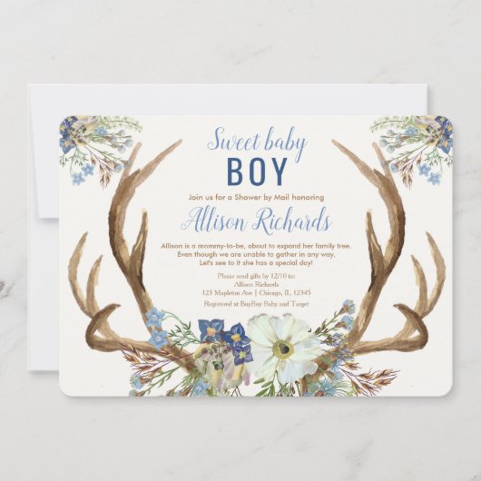 Schoel per post Rustische gewei blauw florboy baby Kaart (Voorkant)