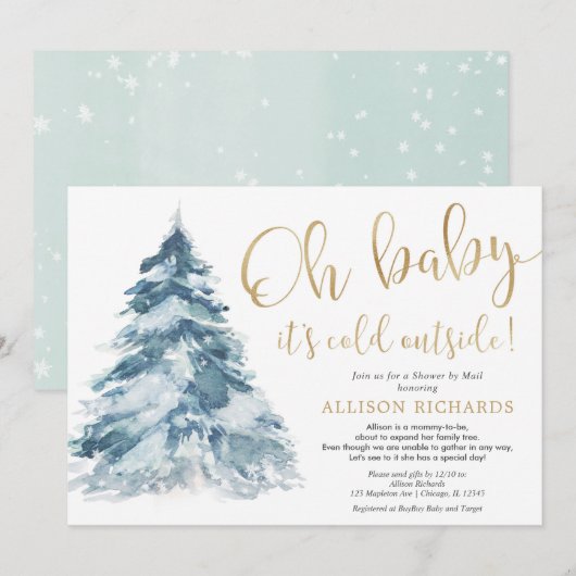 Schoel per post wintergoud baby shower witte sneeu kaart (Voorkant / Achterkant)