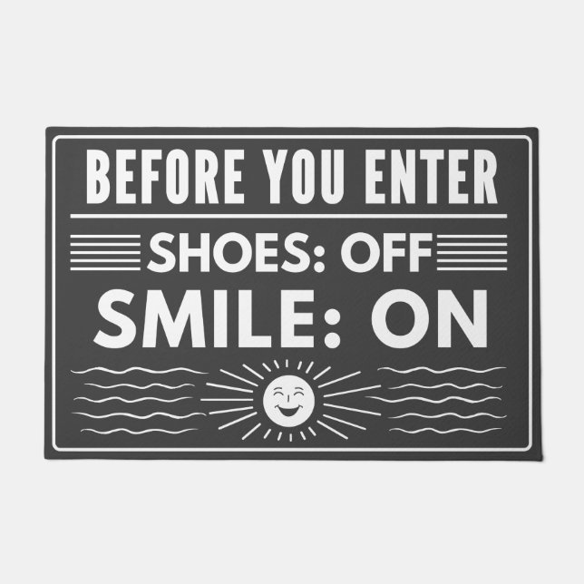 Schoenen uit, glimlach op voor een schoon huis deurmat (Voorkant)