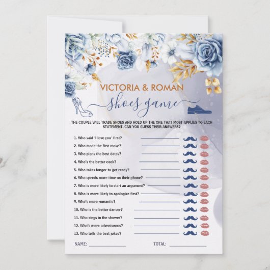Schoenenspel Elegante Blauwe Bloemige Bruidsdouche Kaart (Voorkant)