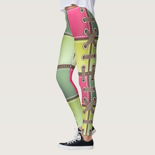 Schoenveters roze en groen mode kunst leggings (Links)