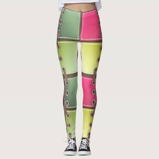 Schoenveters roze en groen mode kunst leggings (Voorkant)