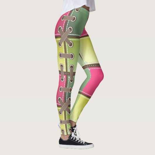 Schoenveters roze en groen mode kunst leggings (Rechts)