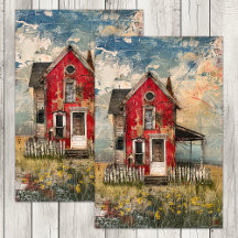 SCHOFTIGE RODE LANDELIJKE HUIS MIXED MEDIA DECOUPA