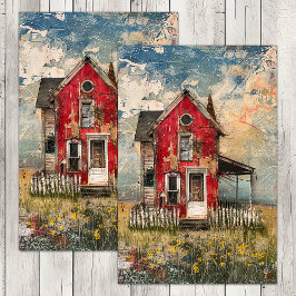 SCHOFTIGE RODE LANDELIJKE HUIS MIXED MEDIA DECOUPA TISSUEPAPIER